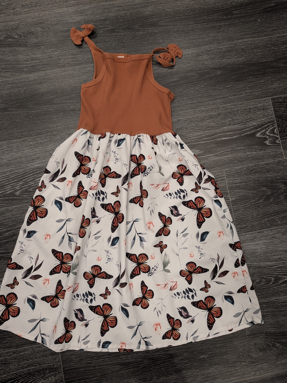 Girls Rust Knit Bodice Butterfly Print Dress